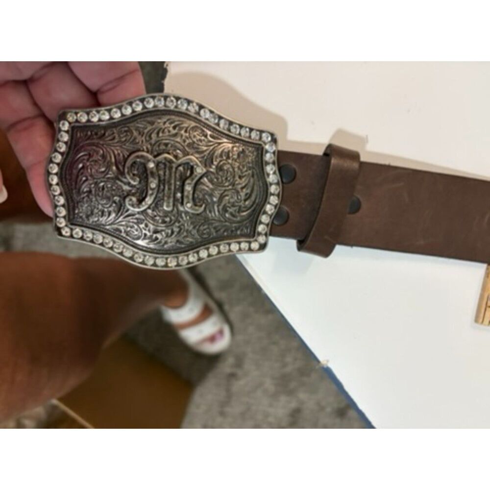 Miss Me Belt and silver with rhinestone belt buckle Size med 40" genuine leather